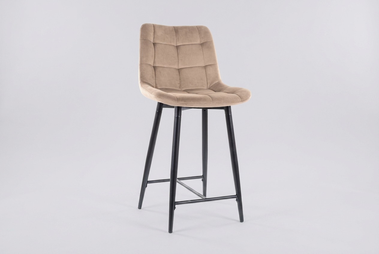 Tabouret de bar Amara mi-haut Tissu velours beige avec structure métallique 