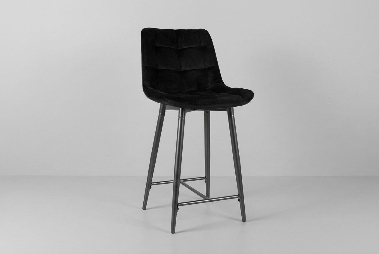 Tabouret de bar Amara mi-haut Tissu velours noir avec structure en métal 