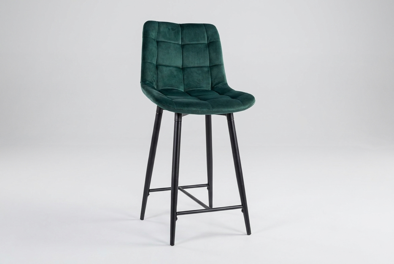 Tabouret de bar Amara mi-haut Tissu velours vert avec structure en métal 