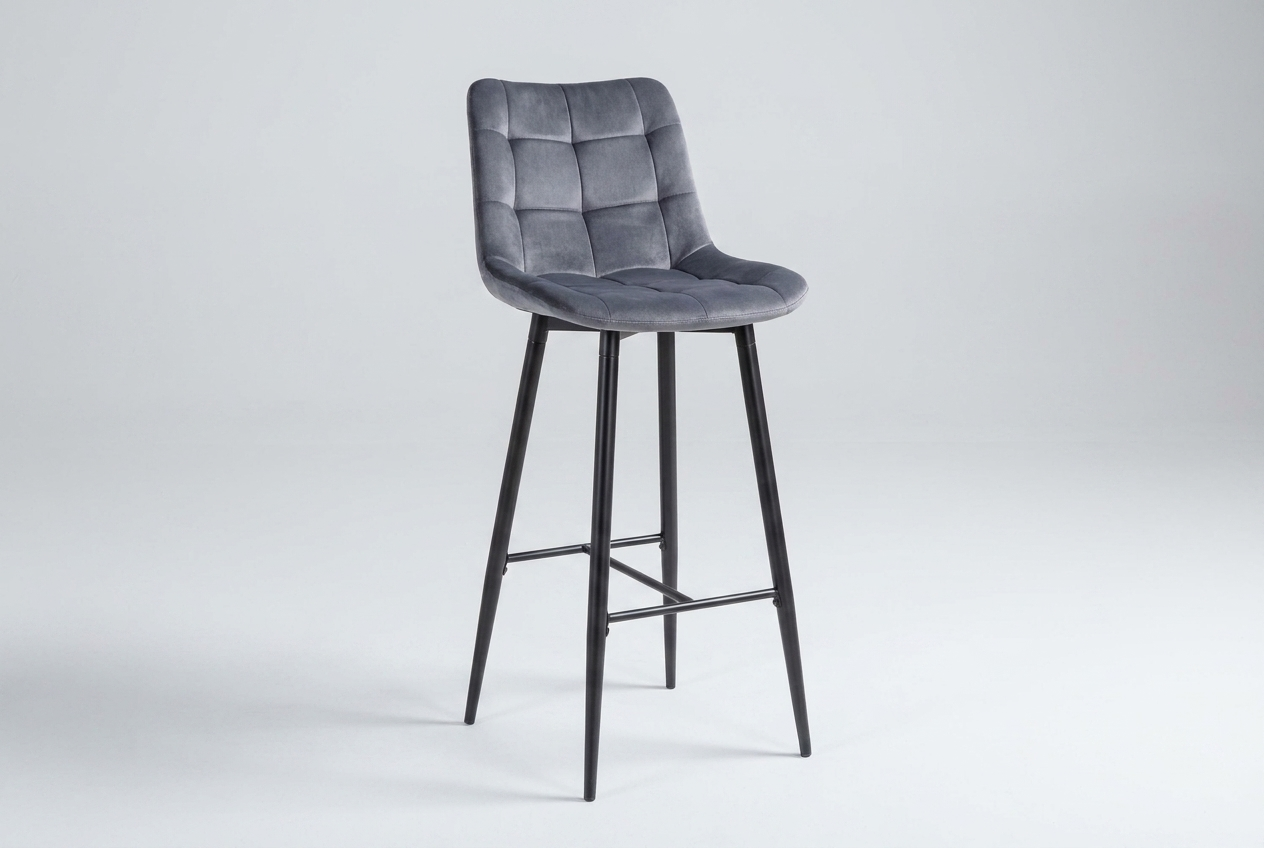 Tabouret de bar Amara mi-haut Tissu velours gris avec structure en métal 