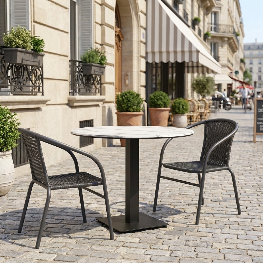 Table Outdoor ronde Catania en 60cm aspect marbre blanc Compact HPL Plateau de table