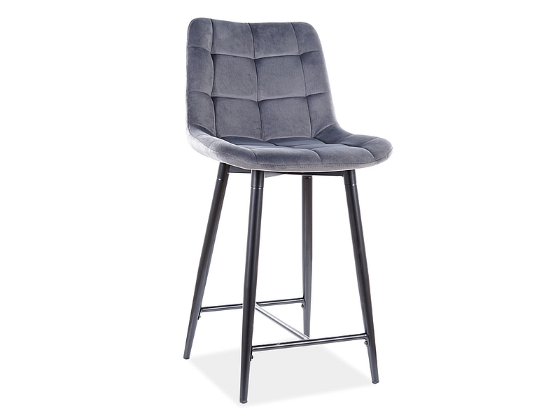 Tabouret de bar Amara mi-haut Tissu velours gris avec structure en métal 