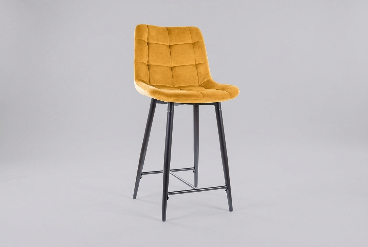 Tabouret de bar Amara mi-haut Tissu velours or avec structure métallique 