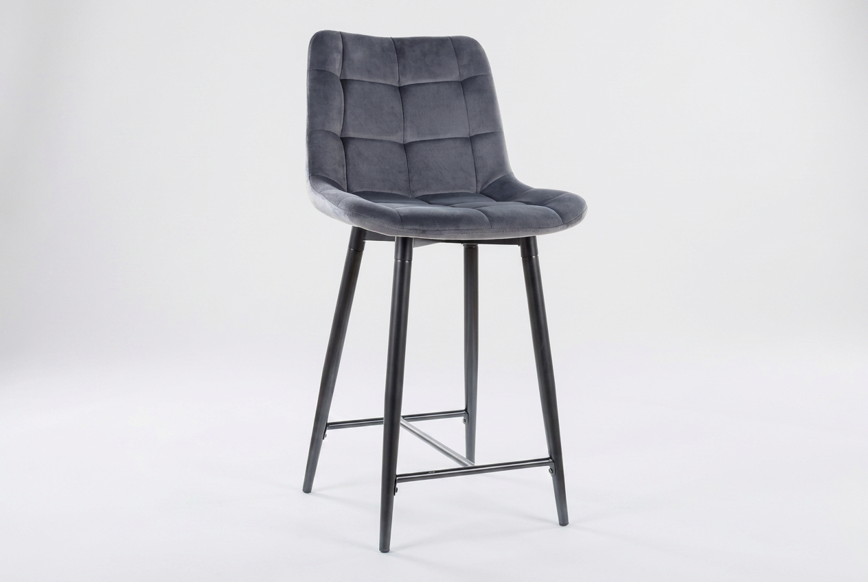 Tabouret de bar Amara mi-haut Tissu velours gris avec structure en métal 